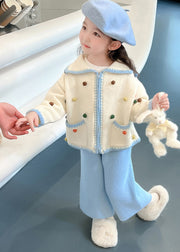 Lovely Blue Peter Pan Collar Patchwork Knitted Cotton Girls Cardigans And Crop Pants Two Piece Set Spring