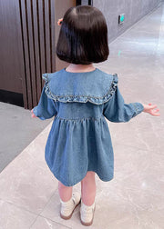 Lovely Blue Ruffled Button Shirt Girls Long Dress Long Sleeve