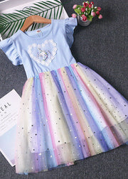 Lovely Blue Ruffled Nail Bead Patchwork Tulle Kids Girls Dresses Summer