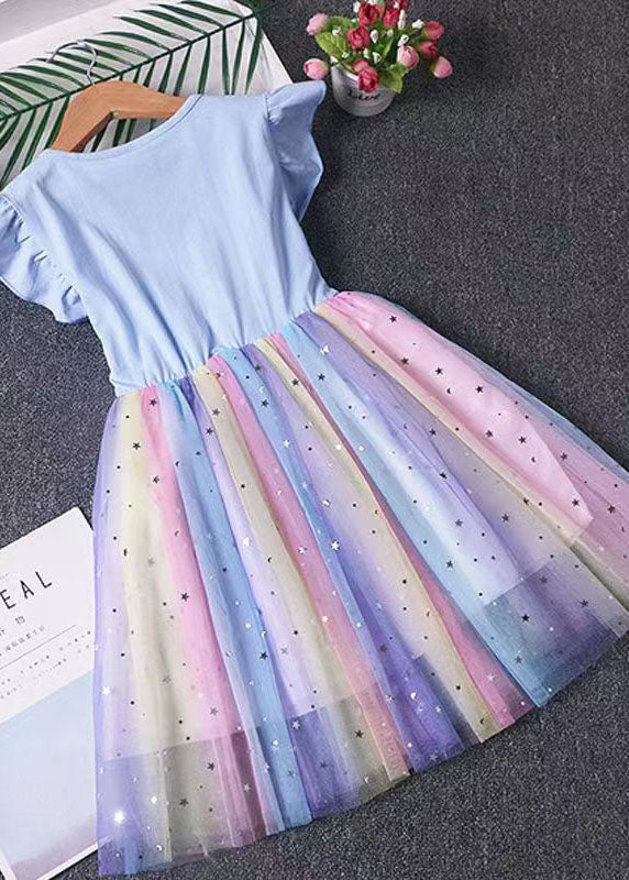 Lovely Blue Ruffled Nail Bead Patchwork Tulle Kids Girls Dresses Summer