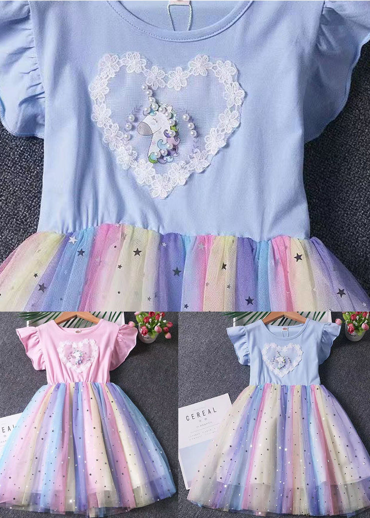 Lovely Blue Ruffled Nail Bead Patchwork Tulle Kids Girls Dresses Summer