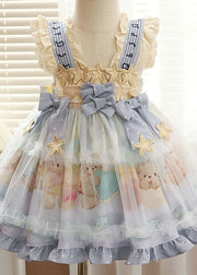 Lovely Blue Ruffled Print Bow Patchwork Chiffon Baby Girls Dresses Summer