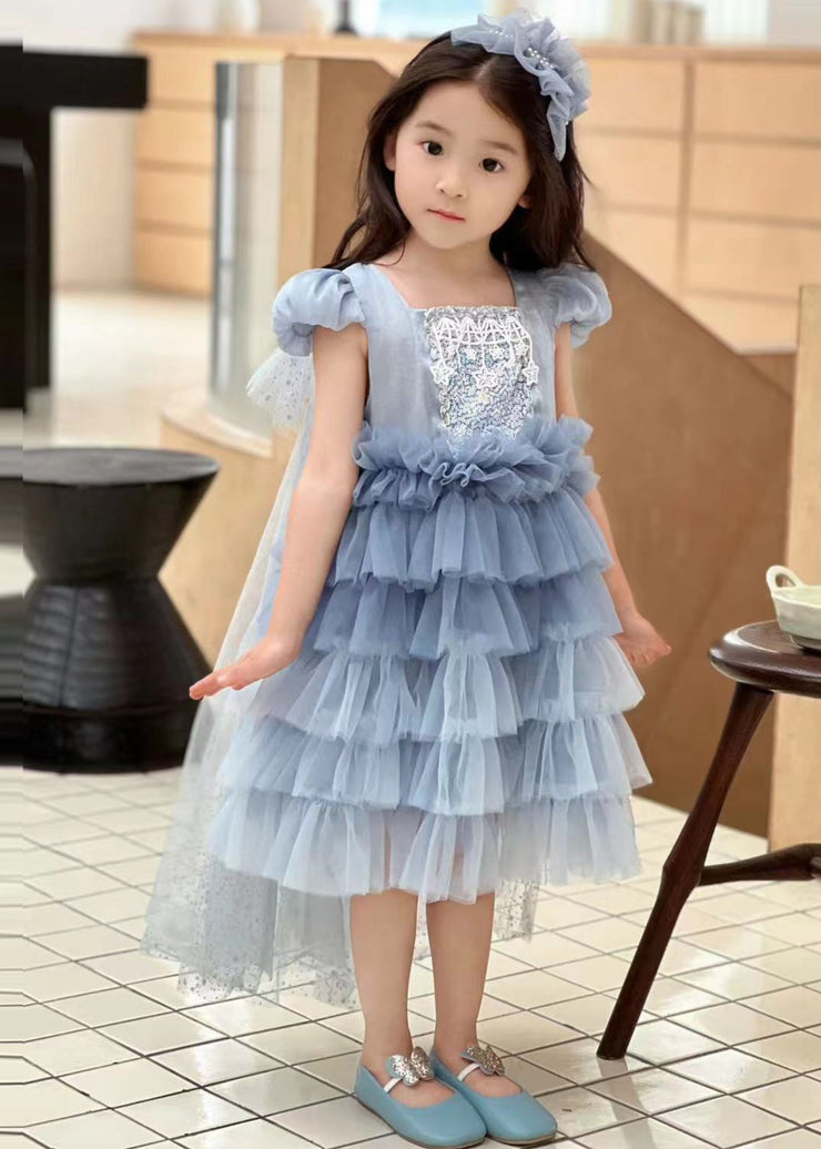 Lovely Blue Square Collar Tulle Kids Holiday Long Pleated Dress And Cloak Two Piece Set