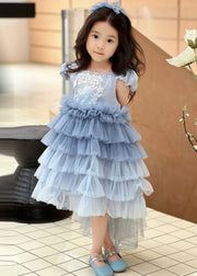 Lovely Blue Square Collar Tulle Kids Holiday Long Pleated Dress And Cloak Two Piece Set