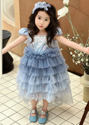 Lovely Blue Square Collar Tulle Kids Holiday Long Pleated Dress And Cloak Two Piece Set