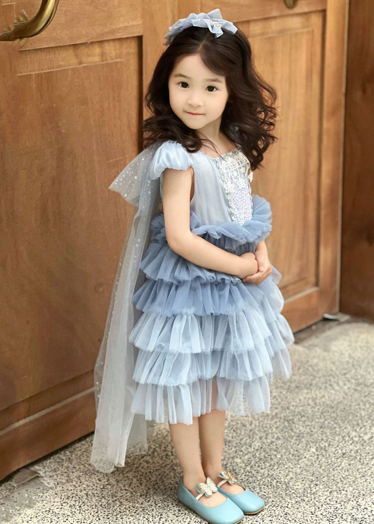 Lovely Blue Square Collar Tulle Kids Holiday Long Pleated Dress And Cloak Two Piece Set