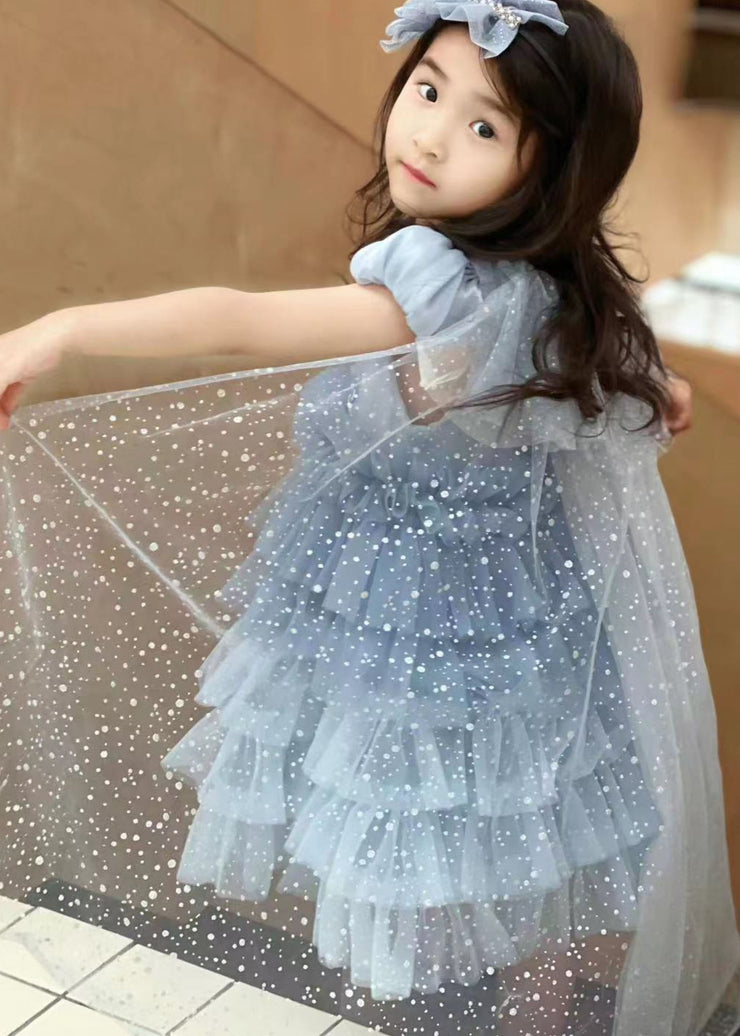 Lovely Blue Square Collar Tulle Kids Holiday Long Pleated Dress And Cloak Two Piece Set