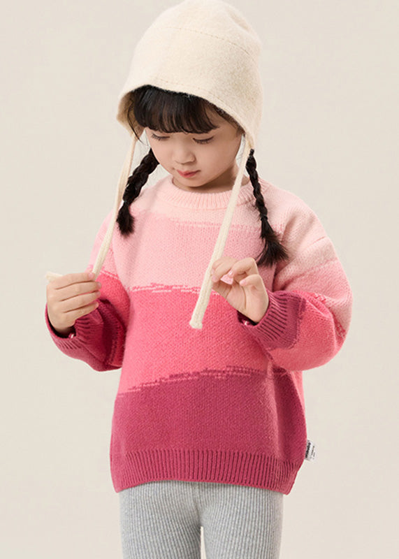 Lovely Boho Pink O-Neck Thick Cotton Knit Girls Sweaters Spring