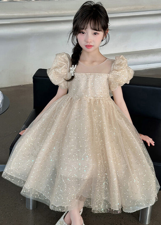 Lovely Champagne Sequins Patchwork Tulle Girls Princess Dress Summer