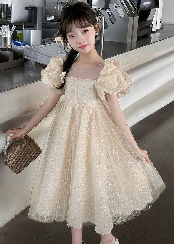 Lovely Champagne Sequins Patchwork Tulle Girls Princess Dress Summer