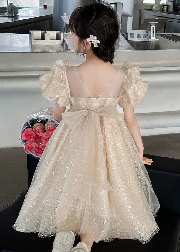 Lovely Champagne Sequins Patchwork Tulle Girls Princess Dress Summer