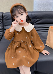 Lovely Coffee Peter Pan Collar Print Patchwork Girls Long Dress Spring