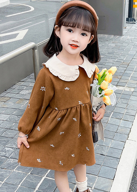 Lovely Coffee Peter Pan Collar Print Patchwork Girls Long Dress Spring