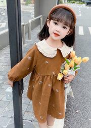 Lovely Coffee Peter Pan Collar Print Patchwork Girls Long Dress Spring