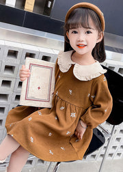 Lovely Coffee Peter Pan Collar Print Patchwork Girls Long Dress Spring