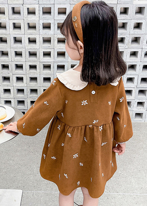 Lovely Coffee Peter Pan Collar Print Patchwork Girls Long Dress Spring