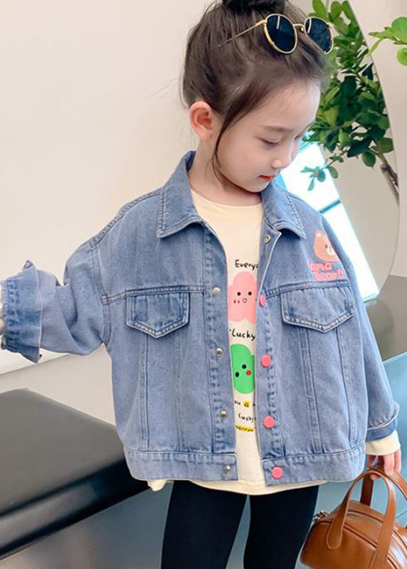 Lovely Denim Blue Print Patchwork Pockets Girls Coats Fall