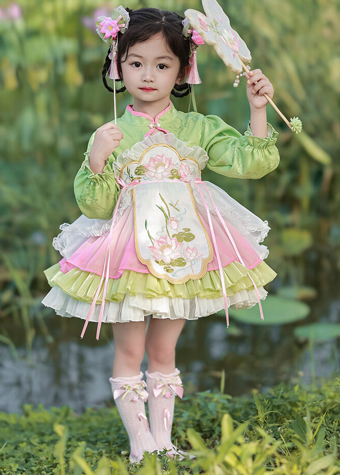 Lovely Green Embroideried Button Tulle Girls Mid Dress Lantern Sleeve