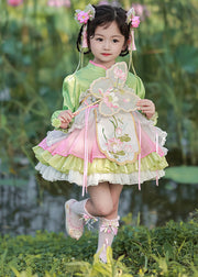 Lovely Green Embroideried Button Tulle Girls Mid Dress Lantern Sleeve