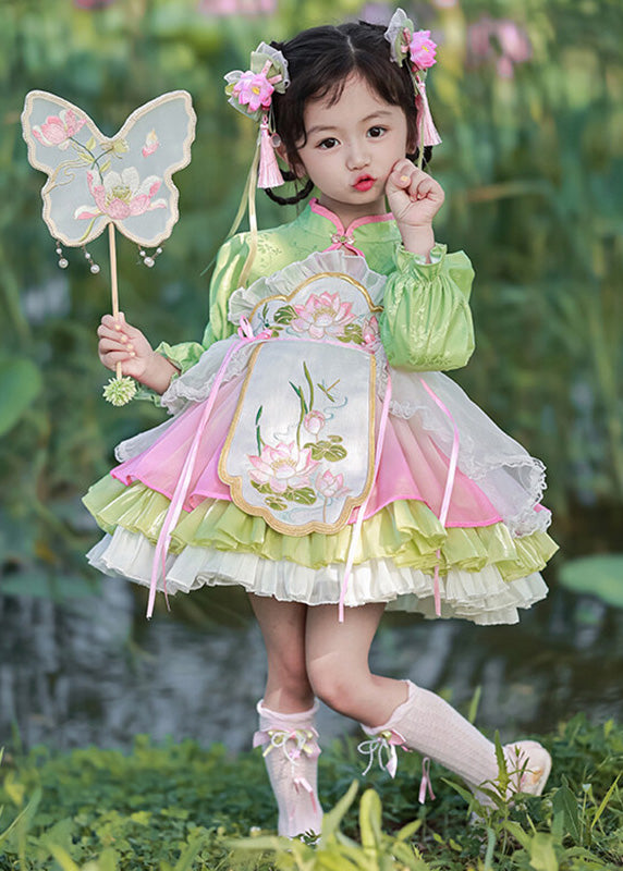 Lovely Green Embroideried Button Tulle Girls Mid Dress Lantern Sleeve