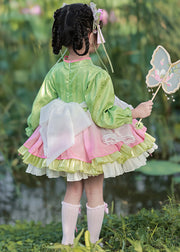 Lovely Green Embroideried Button Tulle Girls Mid Dress Lantern Sleeve