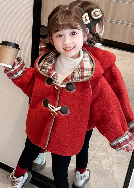 Lovely Green Patchwork Button Kids Hooded Coat Winter