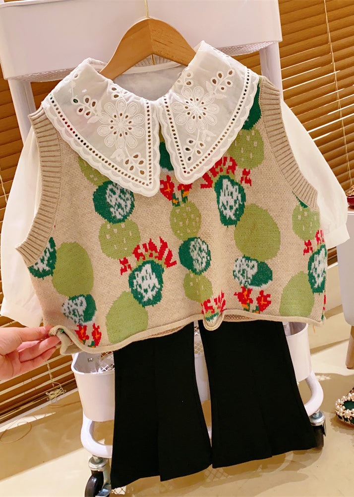 Lovely Green Peter Pan Collar Print Knit Kids Girls Three Piece Set Fall