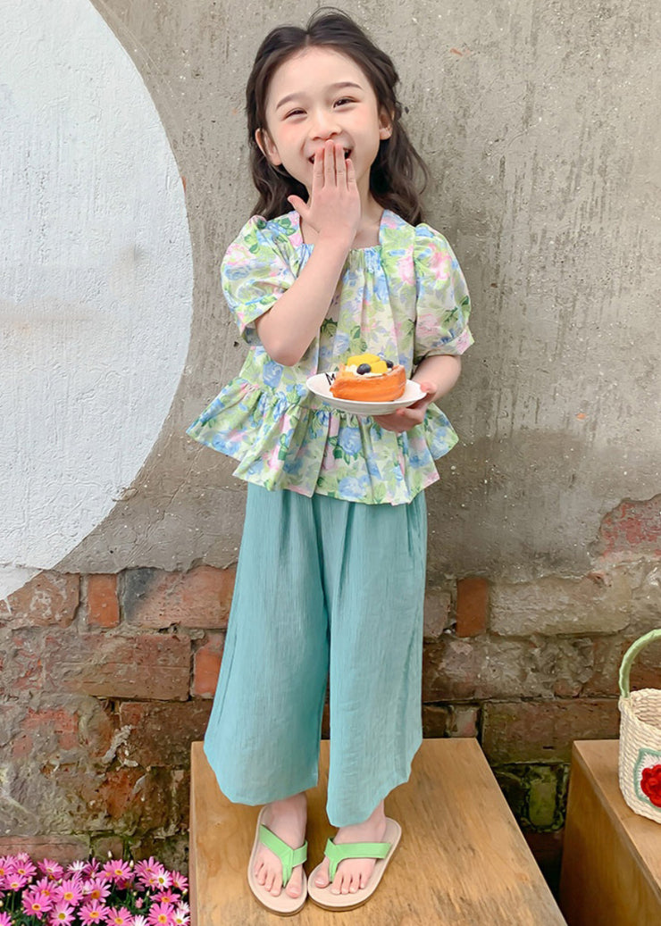 Lovely Green Square Collar Print Patchwork Kids Top And Crop Pants Two Pieces Set Summer