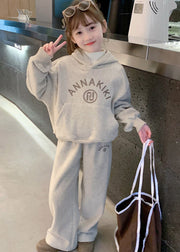 Lovely Grey Kids Fleece Hooded Sweatshirt And Wide Leg Pants Two Pieces Set Spring