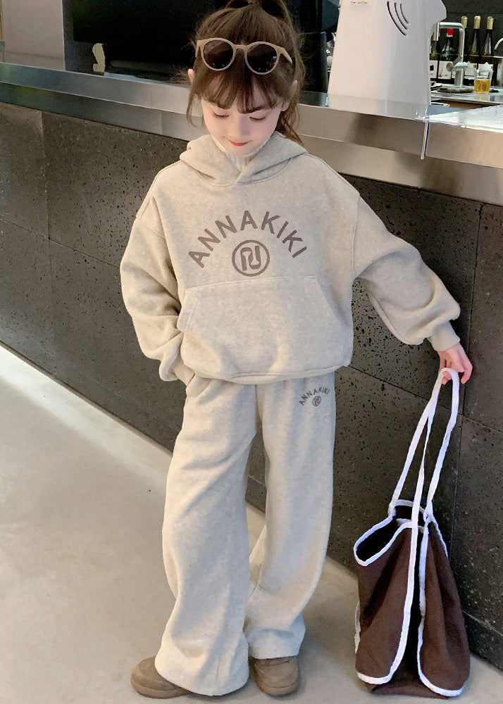 Lovely Grey Kids Fleece Hooded Sweatshirt And Wide Leg Pants Two Pieces Set Spring