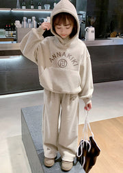 Lovely Grey Kids Fleece Hooded Sweatshirt And Wide Leg Pants Two Pieces Set Spring