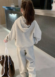 Lovely Grey Kids Fleece Hooded Sweatshirt And Wide Leg Pants Two Pieces Set Spring