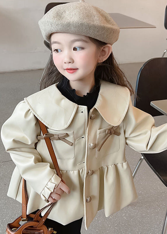 Lovely Khaki Peter Pan Collar Wrinkled Button Kids Trench Coats Fall