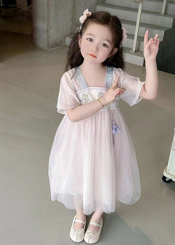 Lovely Light Pink Square Collar Embroideried Patchwork Tulle Kids Long Dresses Summer