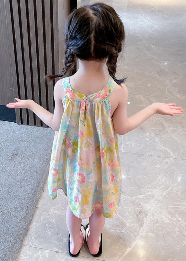 Lovely O-Neck Print Cotton Girls Slip Mid Dress Sleeveless