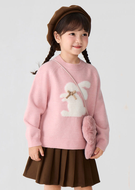 Lovely Pink Animal Print Cotton Knit Girls Sweater Spring