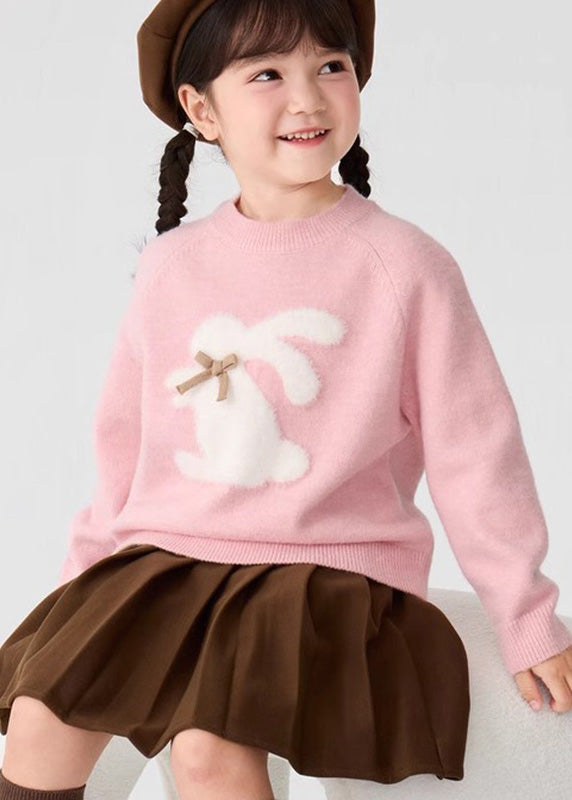 Lovely Pink Animal Print Cotton Knit Girls Sweater Spring