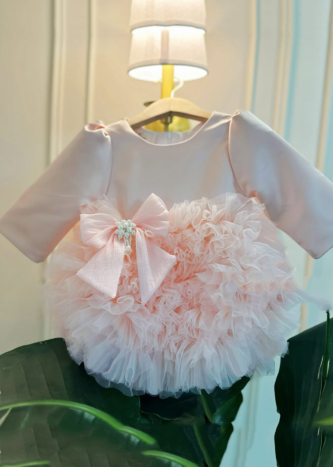 Lovely Pink Bow Pearl Tulle Kids Maxi Dress Spring