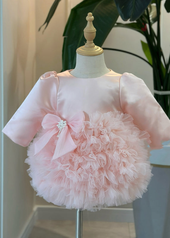 Lovely Pink Bow Pearl Tulle Kids Maxi Dress Spring