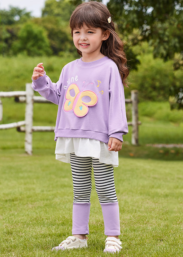 Lovely Pink Butterfly Patchwork Girls Sweatshirts And Pants Two Pieces Set Spring