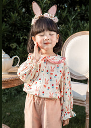 Lovely Pink Button Print Cotton Girls Blouses Long Sleeve