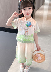 Lovely Pink Chinese Button Print Patchwork Cotton Kids Girls Two Piece Suit Summer