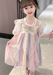 Lovely Pink Embroideried Butterfly Patchwork Chiffon Kids Girls Dresses Summer