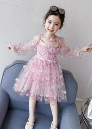 Lovely Pink Floral Decorated Patchwork Tulle Baby Girls Princess Dresses Summer