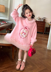 Lovely Pink Fur Collar Tulle Patchwork Girls Long Fleece Sweatshirt Dress Spring