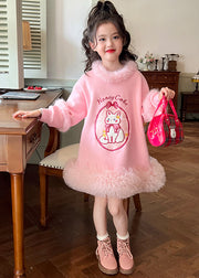 Lovely Pink Fur Collar Tulle Patchwork Girls Long Fleece Sweatshirt Dress Spring