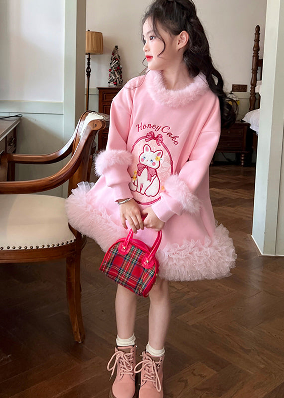 Lovely Pink Fur Collar Tulle Patchwork Girls Long Fleece Sweatshirt Dress Spring