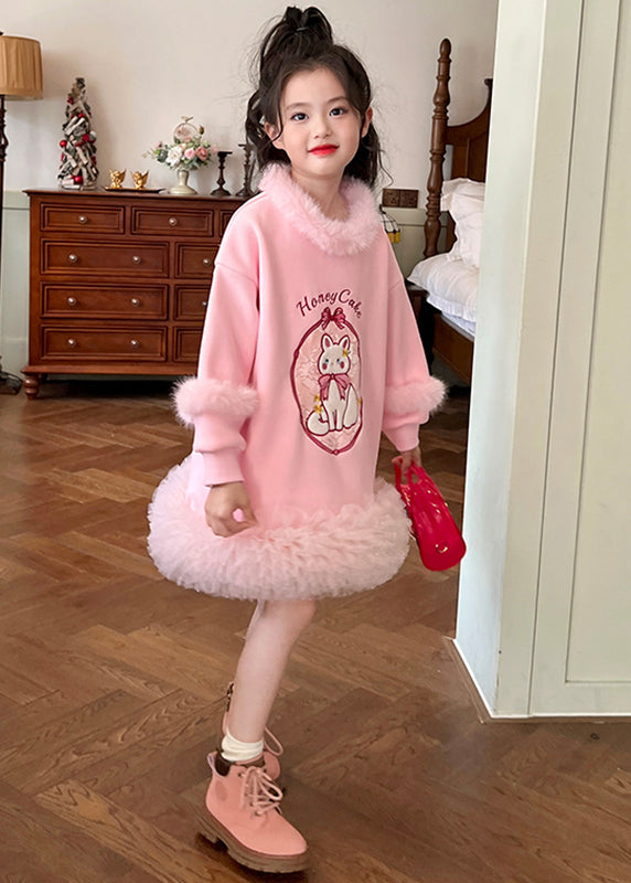 Lovely Pink Fur Collar Tulle Patchwork Girls Long Fleece Sweatshirt Dress Spring