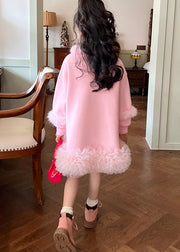 Lovely Pink Fur Collar Tulle Patchwork Girls Long Fleece Sweatshirt Dress Spring