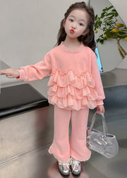 Lovely Pink O-Neck Chiffon Patchwork Kids Top And Pants Two Pieces Set Fall